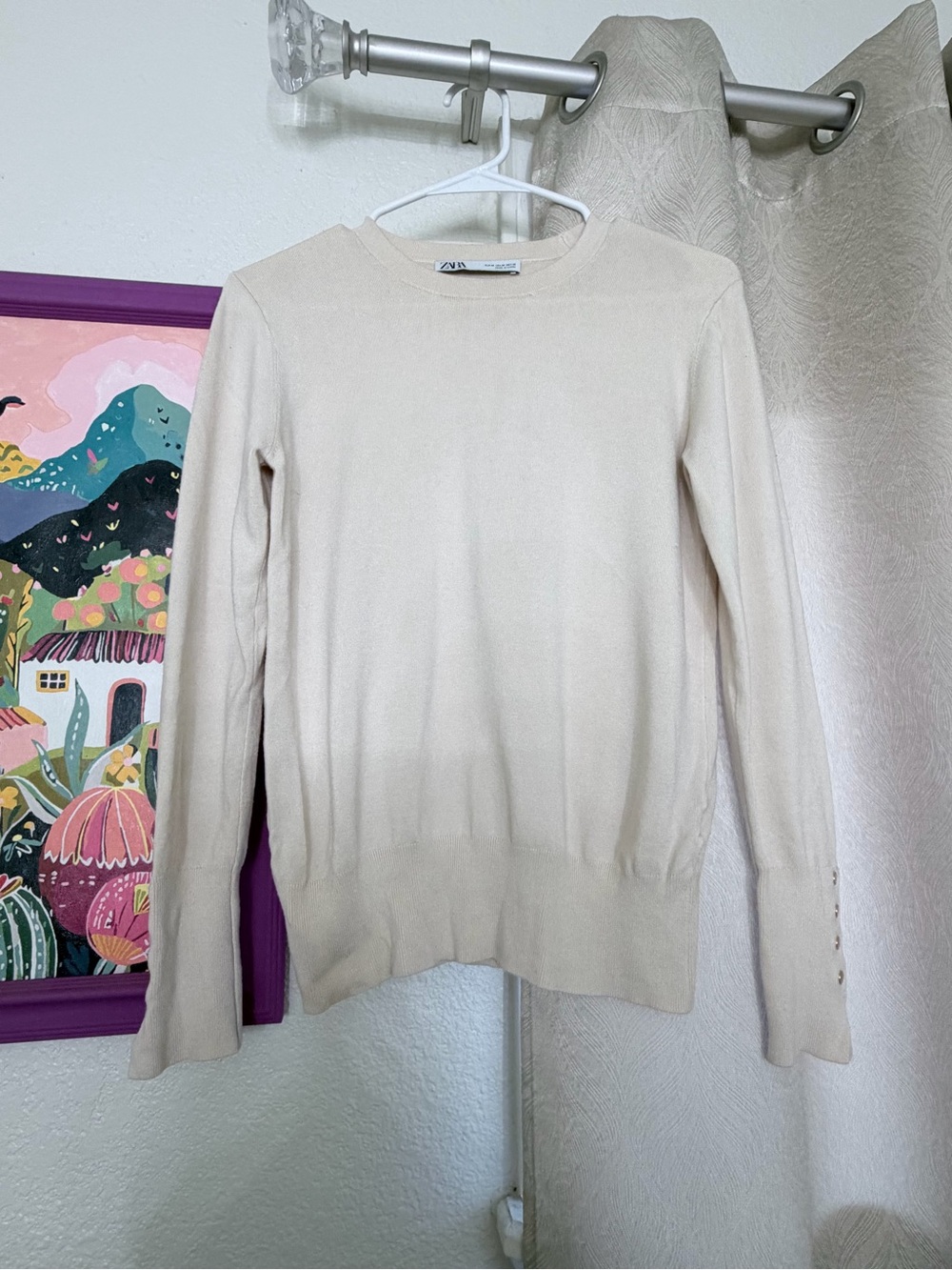 Zara Cream Crewneck Lightweight Knit Sweater